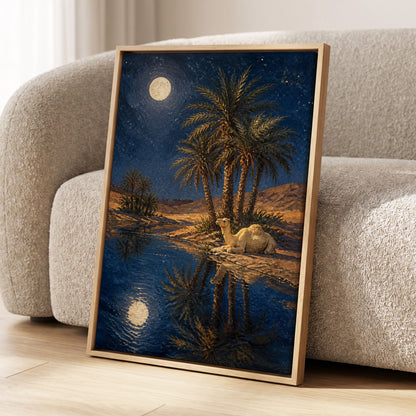 Moonlit Oasis, blue, brown, gold nature wall art displayed in a styled interior, gallery view 1