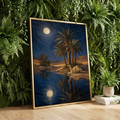 Moonlit Oasis, blue, brown, gold nature wall art displayed in a styled interior, gallery view 2