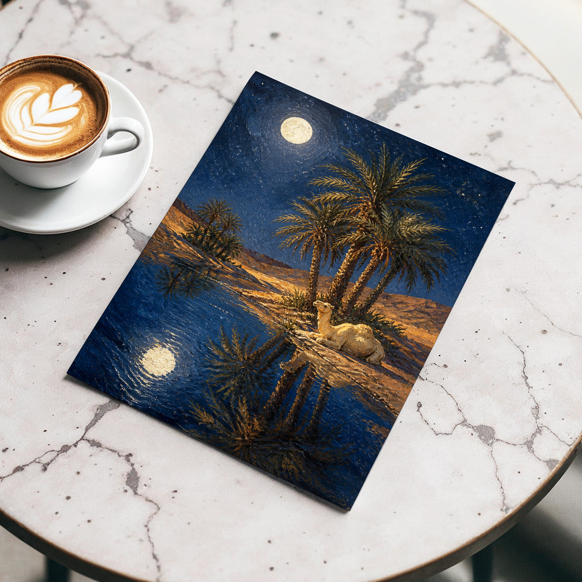 Moonlit Oasis, blue, brown, gold nature wall art displayed in a styled interior, gallery view 3