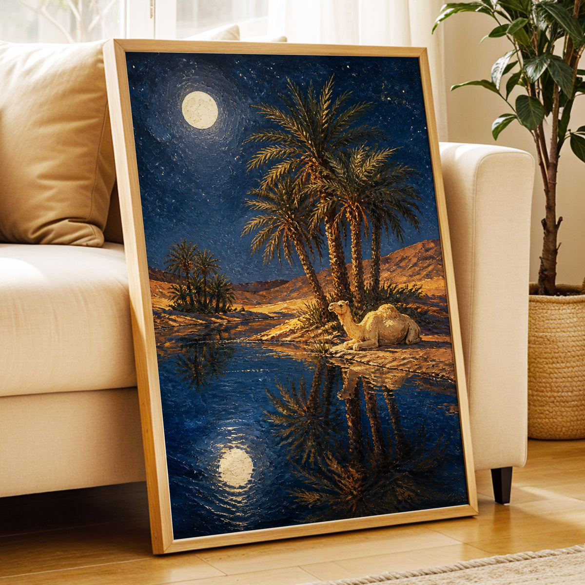 Moonlit Oasis, blue, brown, gold nature wall art displayed in a styled interior, gallery view 4