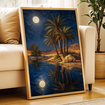 Moonlit Oasis, blue, brown, gold nature wall art displayed in a styled interior, gallery view 4