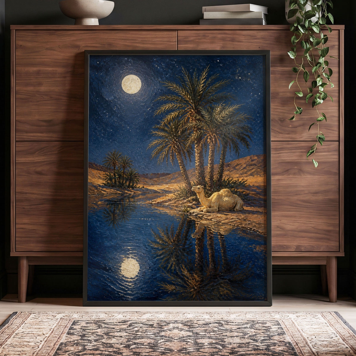 Moonlit Oasis, blue, brown, gold nature wall art displayed in a styled interior, gallery view 5