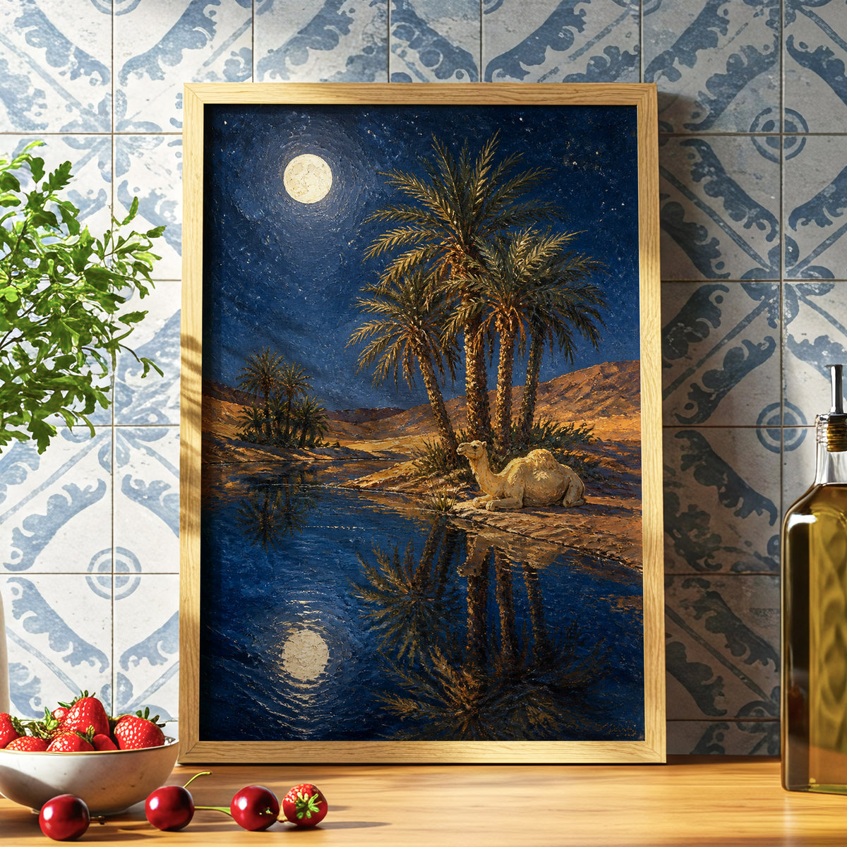 Moonlit Oasis, blue, brown, gold nature wall art displayed in a styled interior, gallery view 6