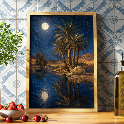 Moonlit Oasis, blue, brown, gold nature wall art displayed in a styled interior, gallery view 6