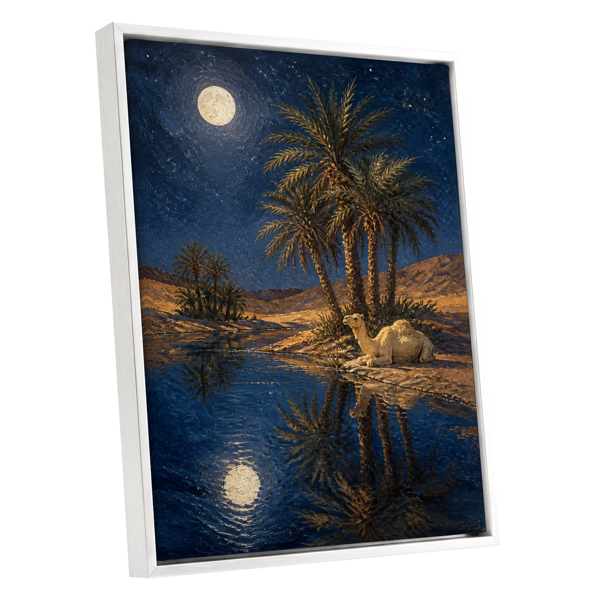 Moonlit Oasis, blue, brown, gold nature wall art shown as a white framed canvas wall art