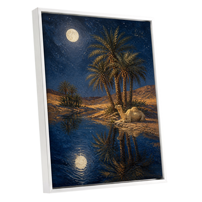 Moonlit Oasis, blue, brown, gold nature wall art shown as a white framed canvas wall art