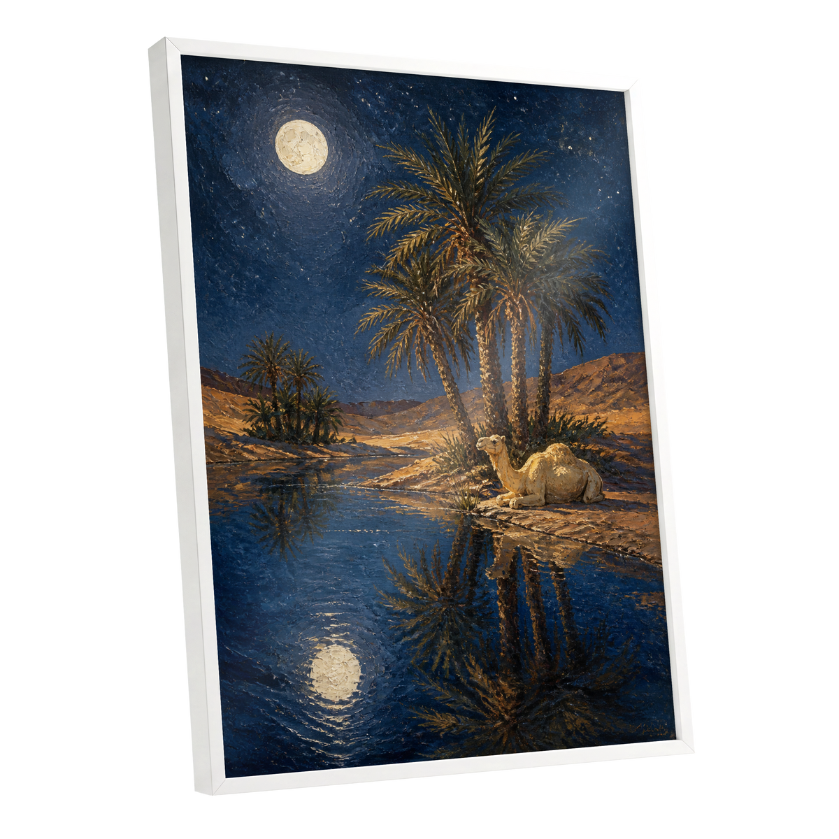 Moonlit Oasis, blue, brown, gold nature wall art shown as a white framed poster wall art print