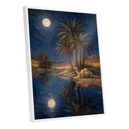Moonlit Oasis, blue, brown, gold nature wall art shown as a white framed poster wall art print