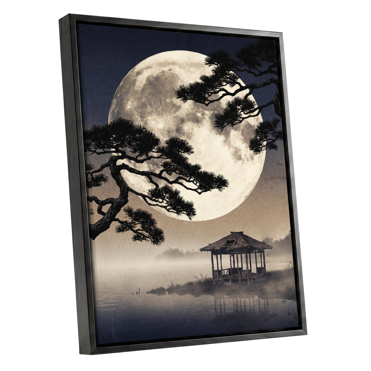 Moonlit Pine Sanctuary, black, beige, blue nature wall art shown as a black framed canvas wall art