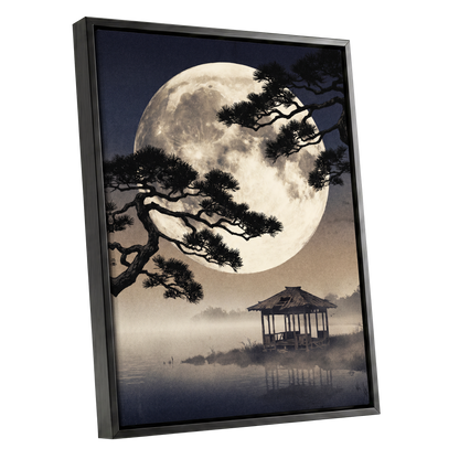 Moonlit Pine Sanctuary, black, beige, blue nature wall art shown as a black framed canvas wall art