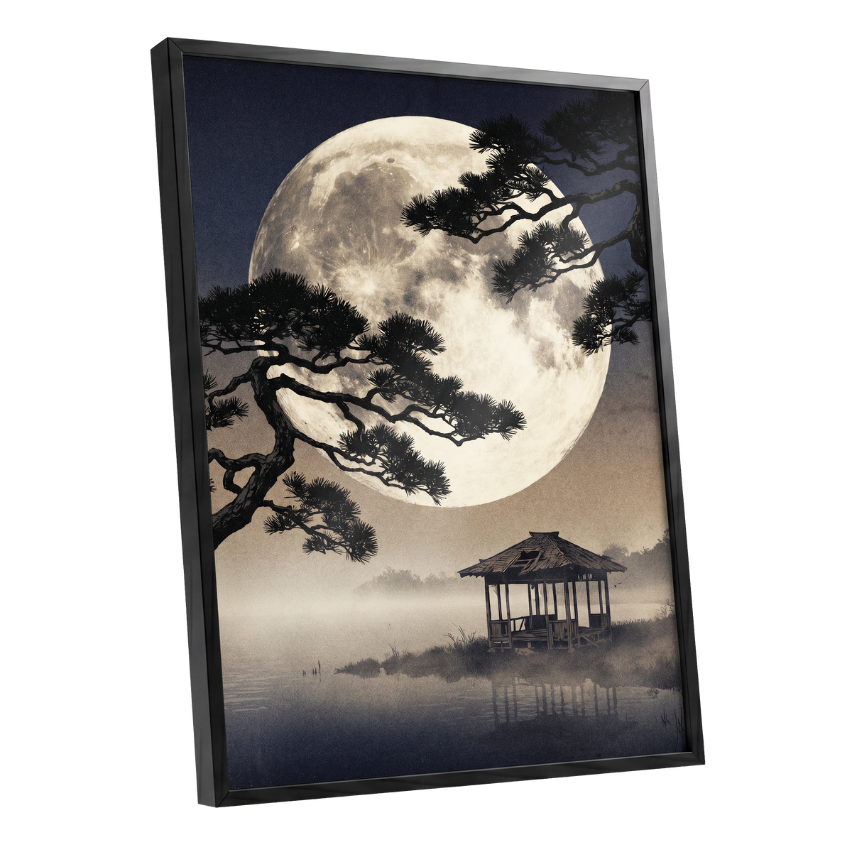 Moonlit Pine Sanctuary, black, beige, blue nature wall art shown as a black framed poster wall art print