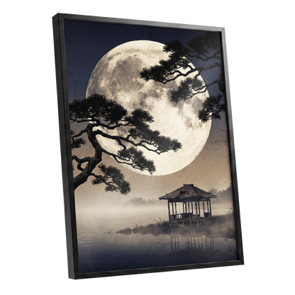 Moonlit Pine Sanctuary, black, beige, blue nature wall art shown as a black framed poster wall art print