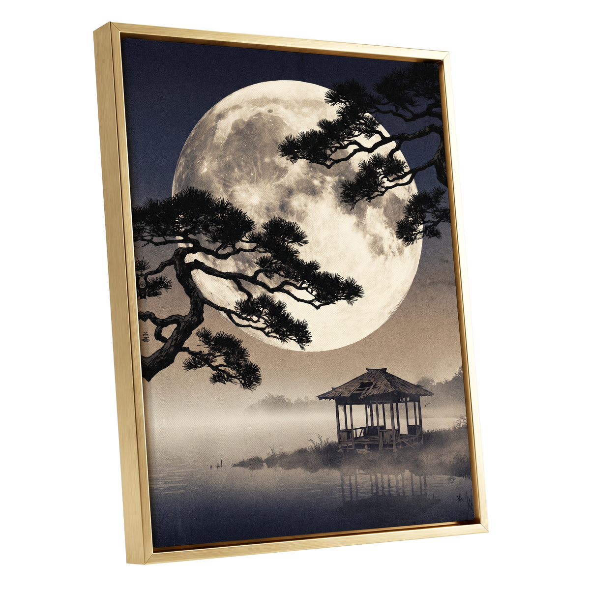 Moonlit Pine Sanctuary, black, beige, blue nature wall art shown as a gold framed canvas wall art