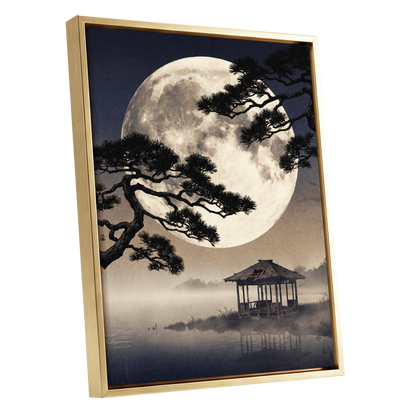 Moonlit Pine Sanctuary, black, beige, blue nature wall art shown as a gold framed canvas wall art