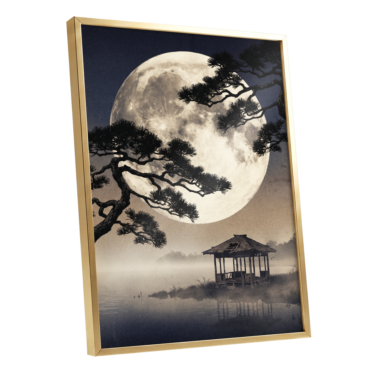 Moonlit Pine Sanctuary, black, beige, blue nature wall art shown as a gold framed poster wall art print