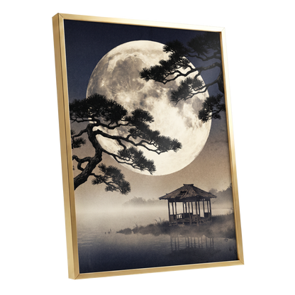 Moonlit Pine Sanctuary, black, beige, blue nature wall art shown as a gold framed poster wall art print