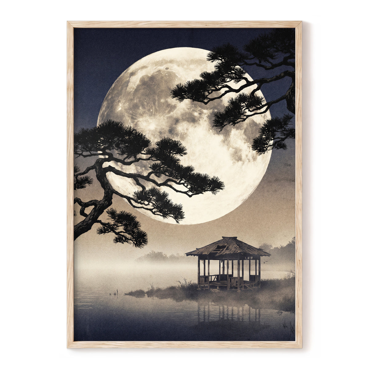 Moonlit Pine Sanctuary, black, beige, blue nature wall art, front artwork view