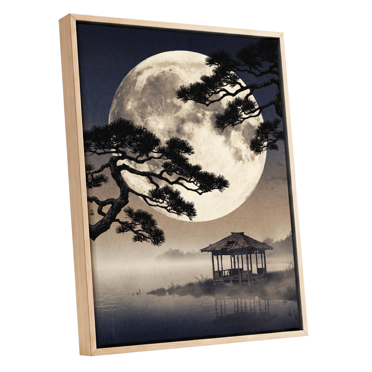 Moonlit Pine Sanctuary, black, beige, blue nature wall art shown as a oak framed canvas wall art