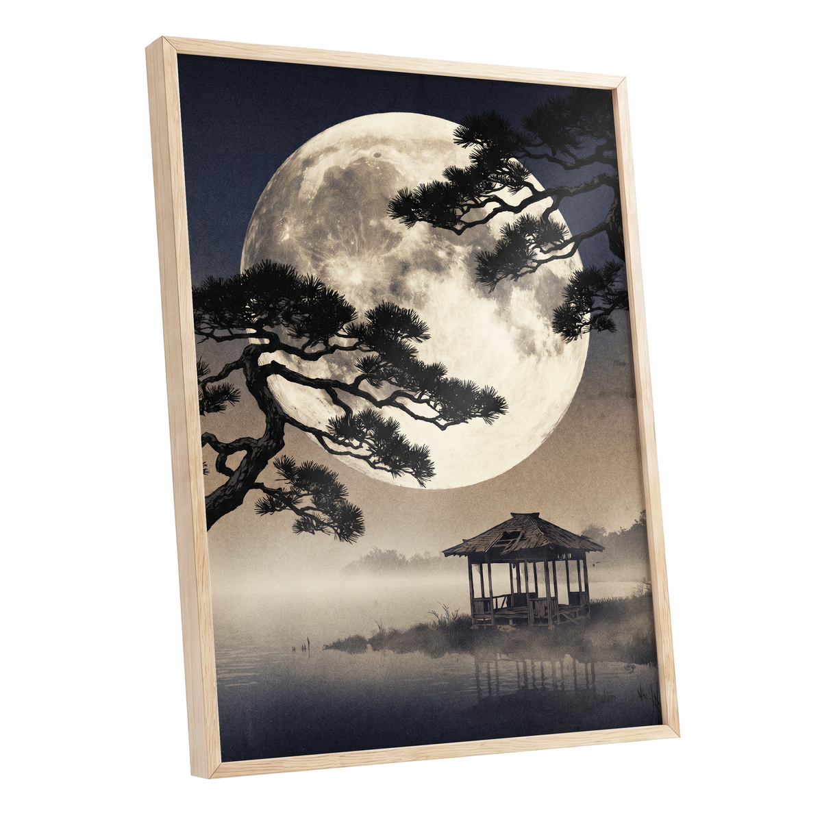 Moonlit Pine Sanctuary, black, beige, blue nature wall art shown as a oak framed poster wall art print