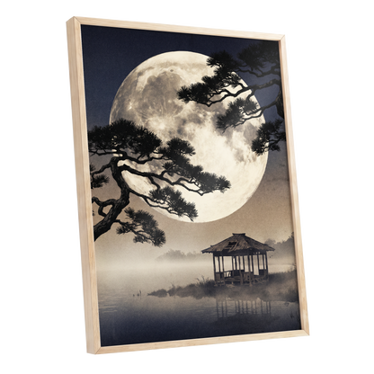 Moonlit Pine Sanctuary, black, beige, blue nature wall art shown as a oak framed poster wall art print