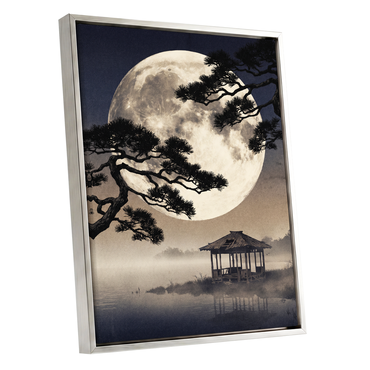 Moonlit Pine Sanctuary, black, beige, blue nature wall art shown as a silver framed canvas wall art