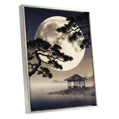 Moonlit Pine Sanctuary, black, beige, blue nature wall art shown as a silver framed canvas wall art