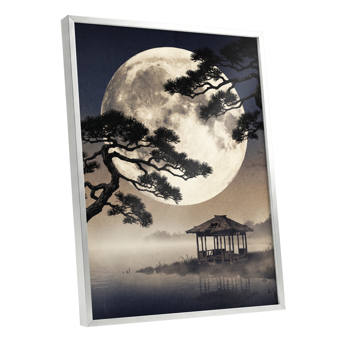 Moonlit Pine Sanctuary, black, beige, blue nature wall art shown as a silver framed poster wall art print