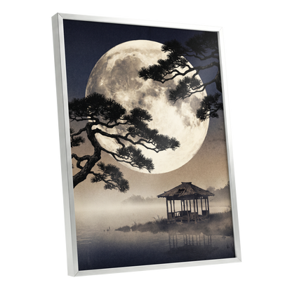 Moonlit Pine Sanctuary, black, beige, blue nature wall art shown as a silver framed poster wall art print