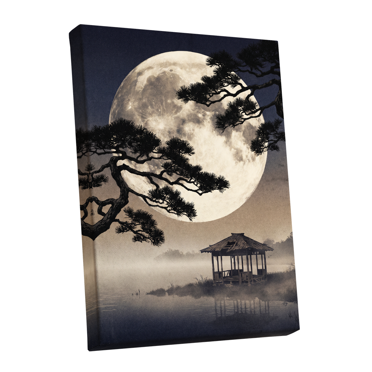 Moonlit Pine Sanctuary, black, beige, blue nature wall art shown as a stretched canvas wall art