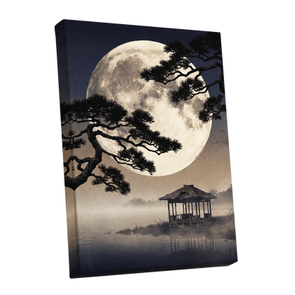Moonlit Pine Sanctuary, black, beige, blue nature wall art shown as a stretched canvas wall art