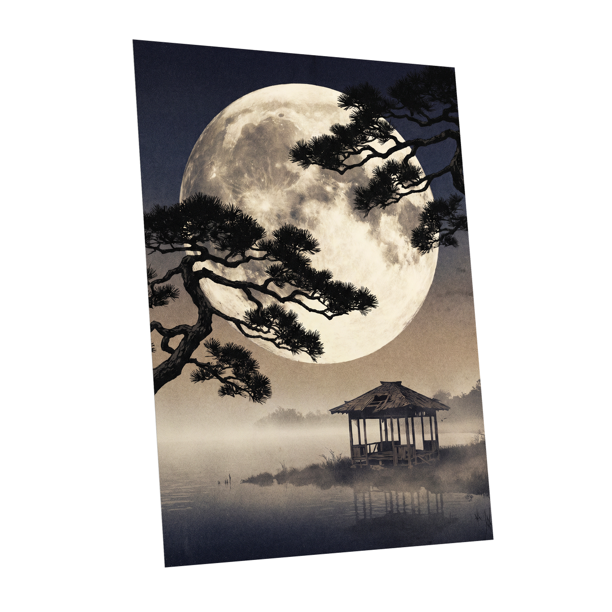 Moonlit Pine Sanctuary, black, beige, blue nature wall art shown as a unframed poster wall art print