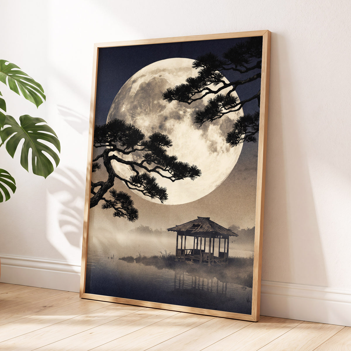 Moonlit Pine Sanctuary, black, beige, blue nature wall art displayed in a styled interior, gallery view 2