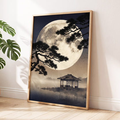 Moonlit Pine Sanctuary, black, beige, blue nature wall art displayed in a styled interior, gallery view 2