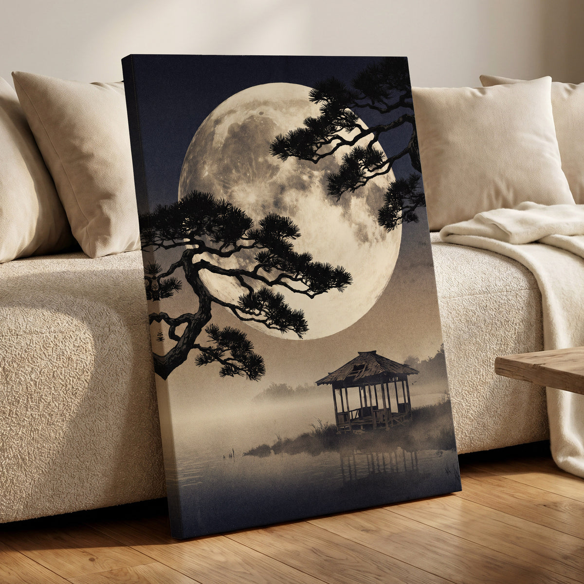 Moonlit Pine Sanctuary, black, beige, blue nature wall art displayed in a styled interior, gallery view 3