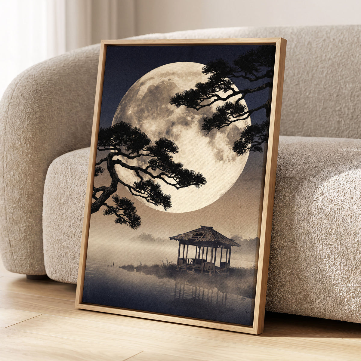 Moonlit Pine Sanctuary, black, beige, blue nature wall art displayed in a styled interior, gallery view 4