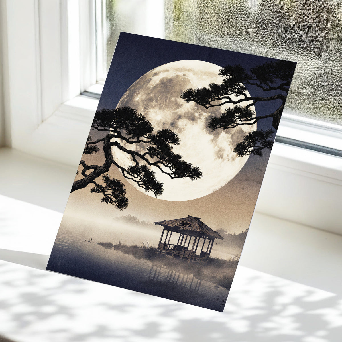 Moonlit Pine Sanctuary, black, beige, blue nature wall art displayed in a styled interior, gallery view 5
