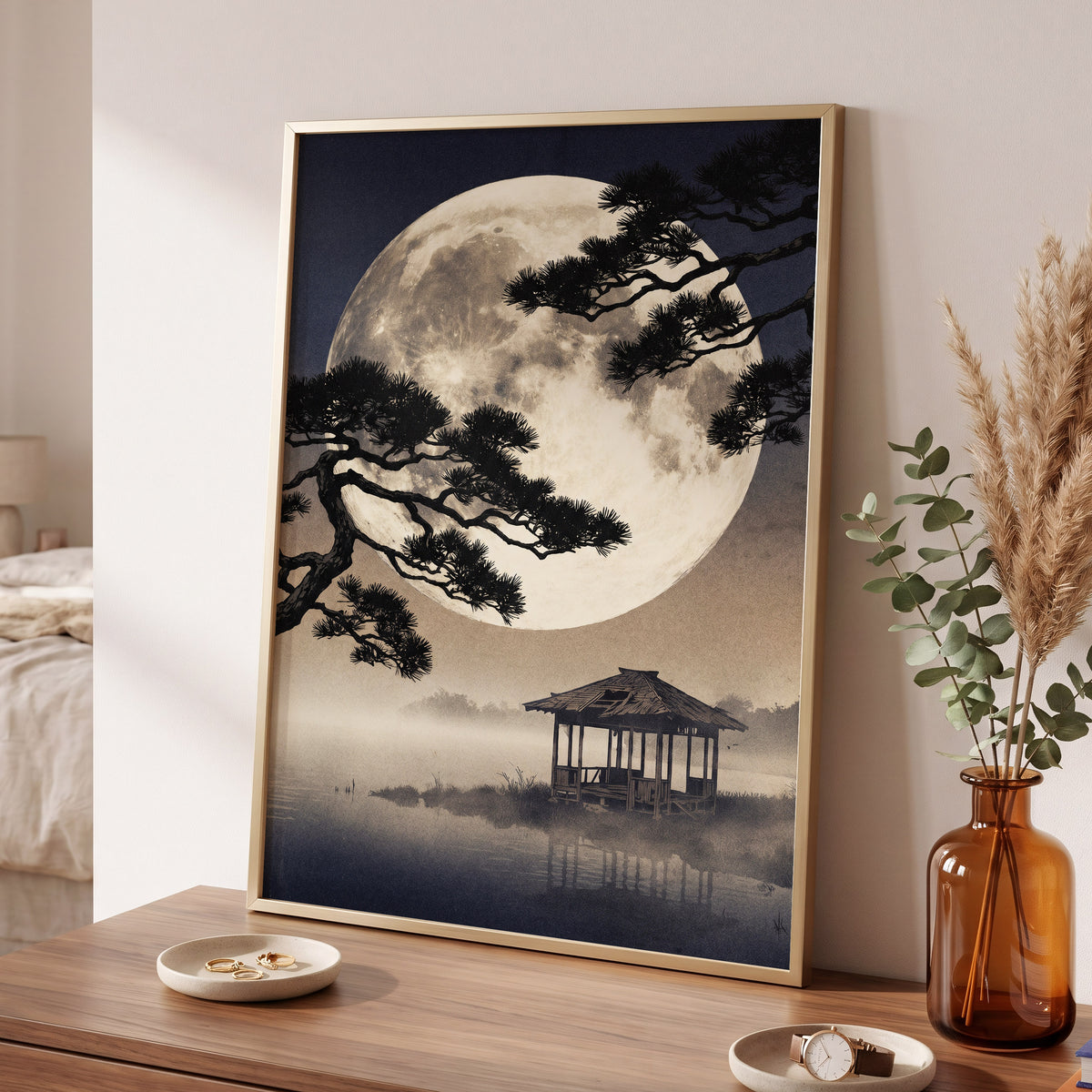 Moonlit Pine Sanctuary, black, beige, blue nature wall art displayed in a styled interior, gallery view 6