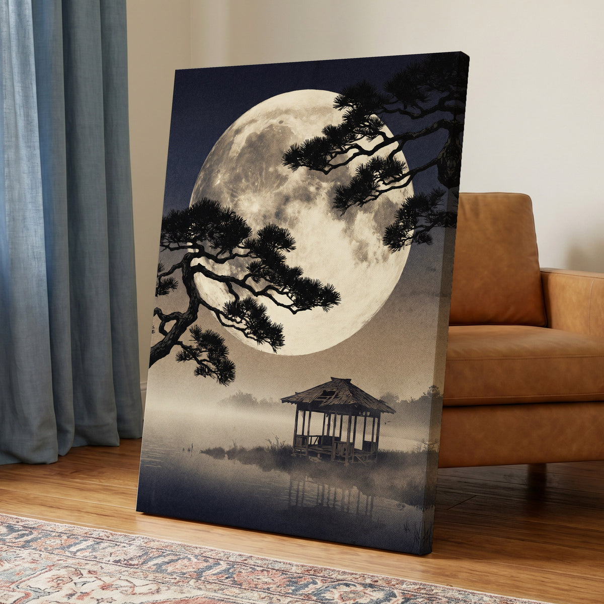 Moonlit Pine Sanctuary, black, beige, blue nature wall art displayed in a styled interior, gallery view 7