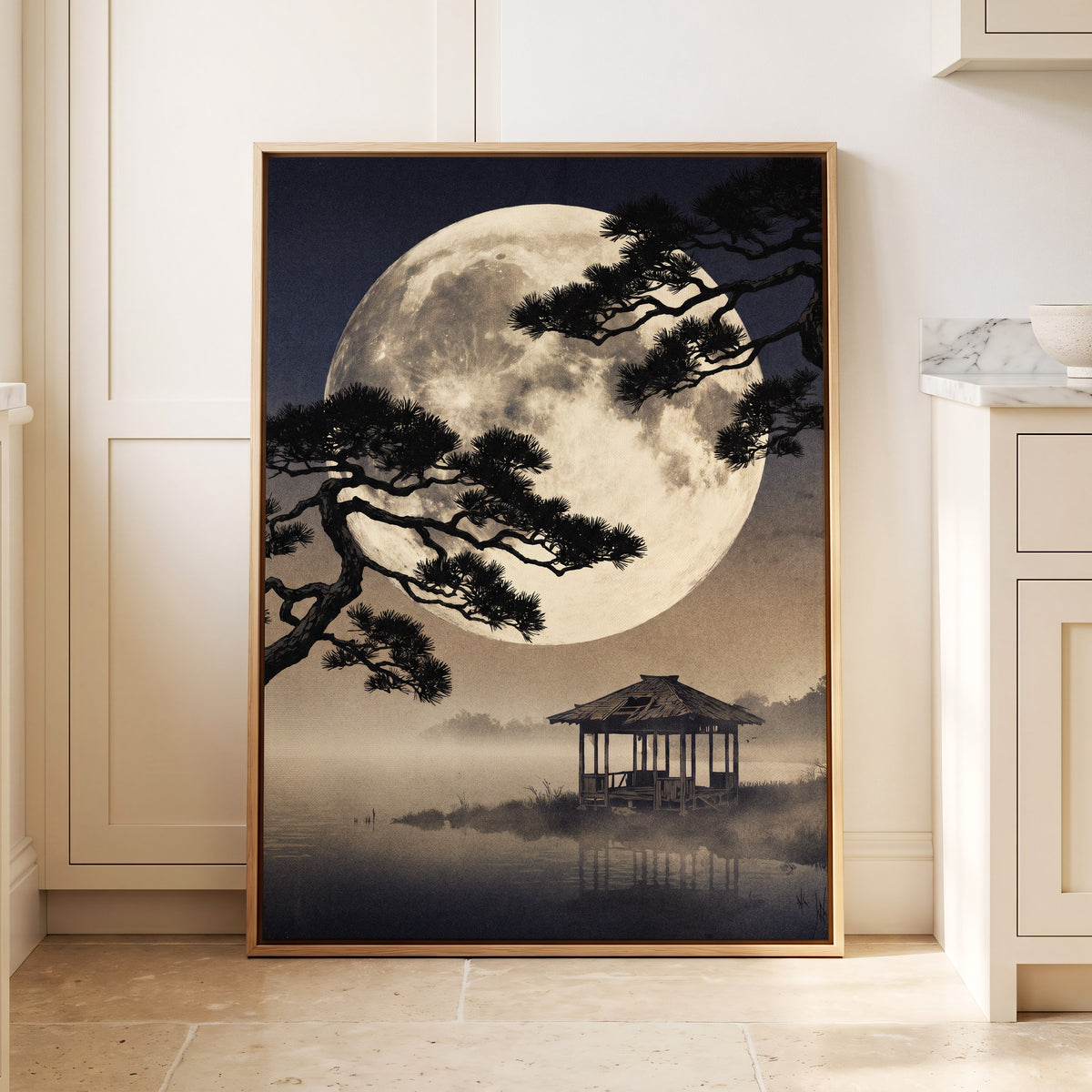 Moonlit Pine Sanctuary, black, beige, blue nature wall art displayed in a styled interior, gallery view 8
