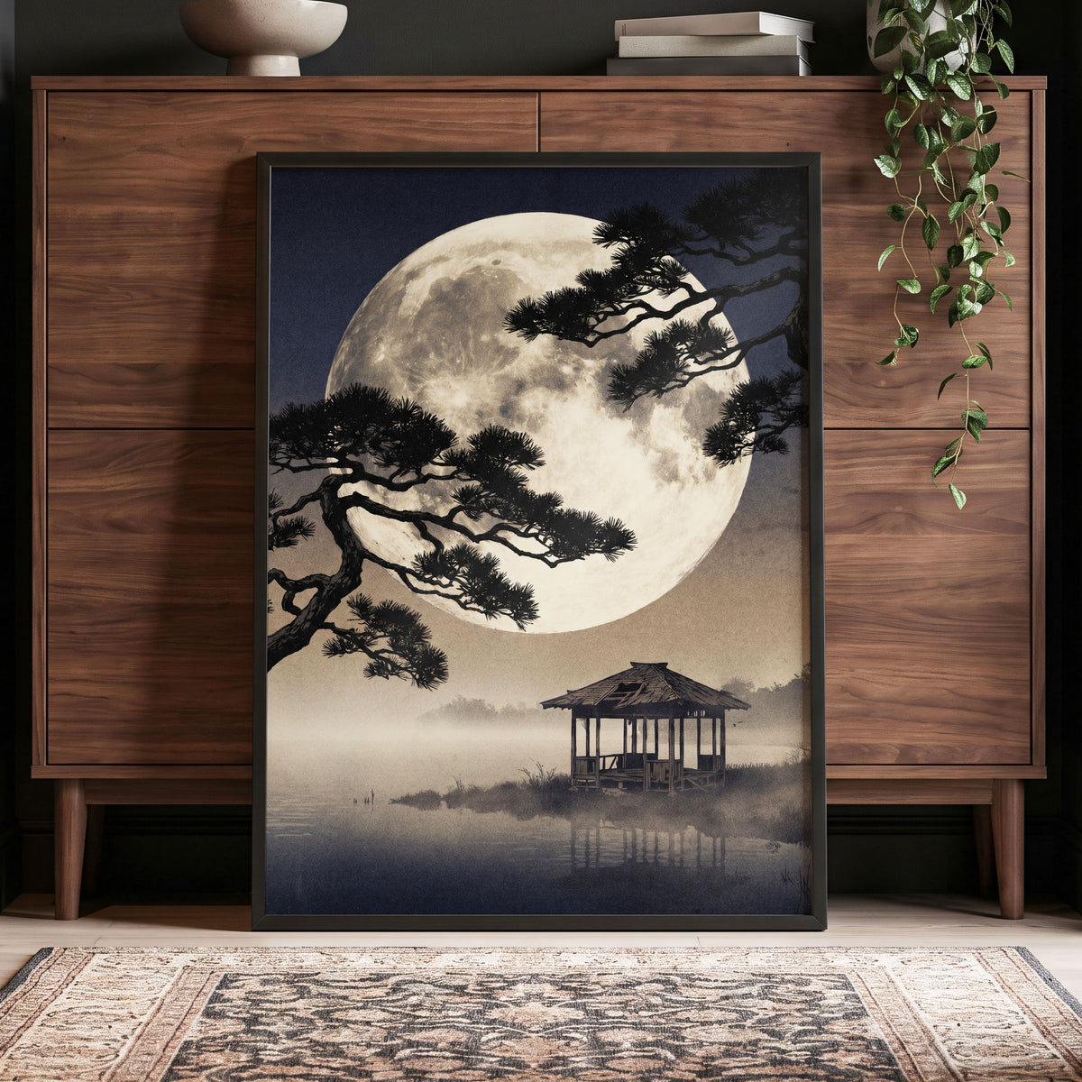 Moonlit Pine Sanctuary, black, beige, blue nature wall art displayed in a styled interior, gallery view 9