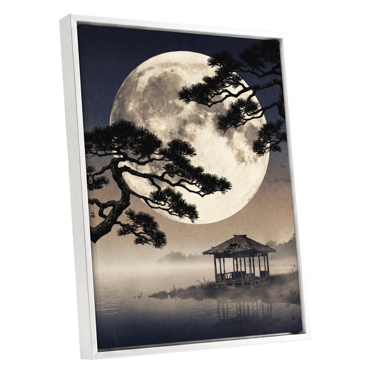 Moonlit Pine Sanctuary, black, beige, blue nature wall art shown as a white framed canvas wall art