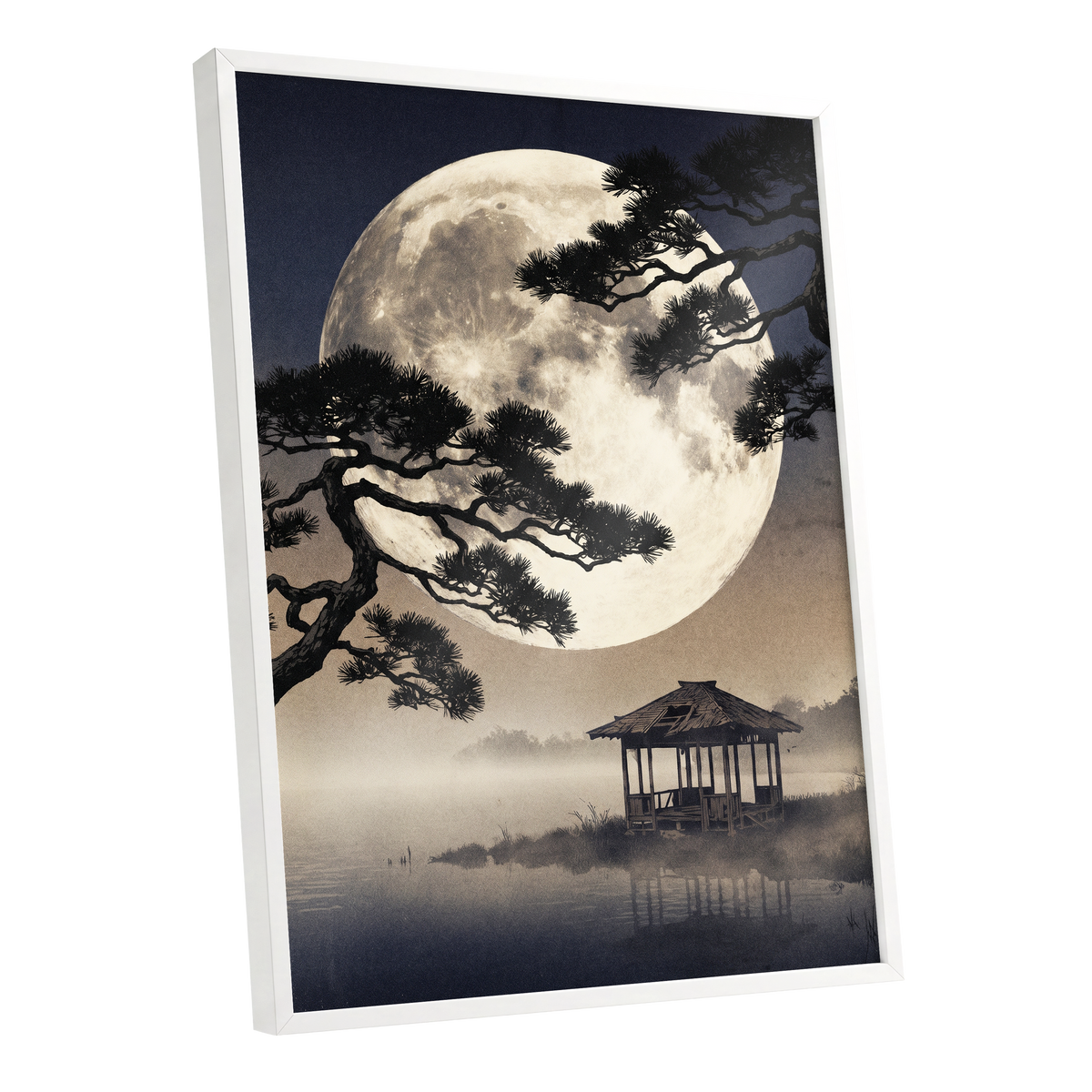 Moonlit Pine Sanctuary, black, beige, blue nature wall art shown as a white framed poster wall art print
