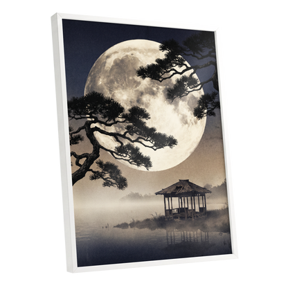 Moonlit Pine Sanctuary, black, beige, blue nature wall art shown as a white framed poster wall art print