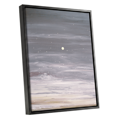 Moonlit Snowfall, gray, white, beige nature wall art shown as a black framed canvas wall art
