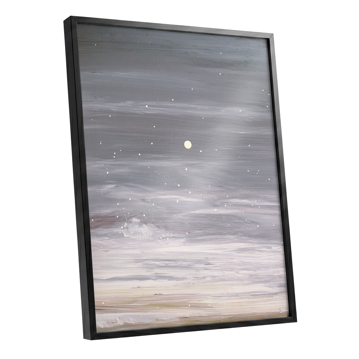 Moonlit Snowfall, gray, white, beige nature wall art shown as a black framed poster wall art print
