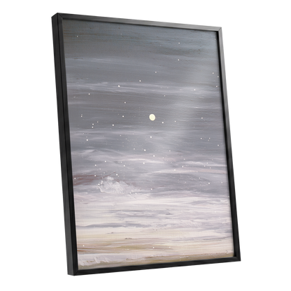 Moonlit Snowfall, gray, white, beige nature wall art shown as a black framed poster wall art print