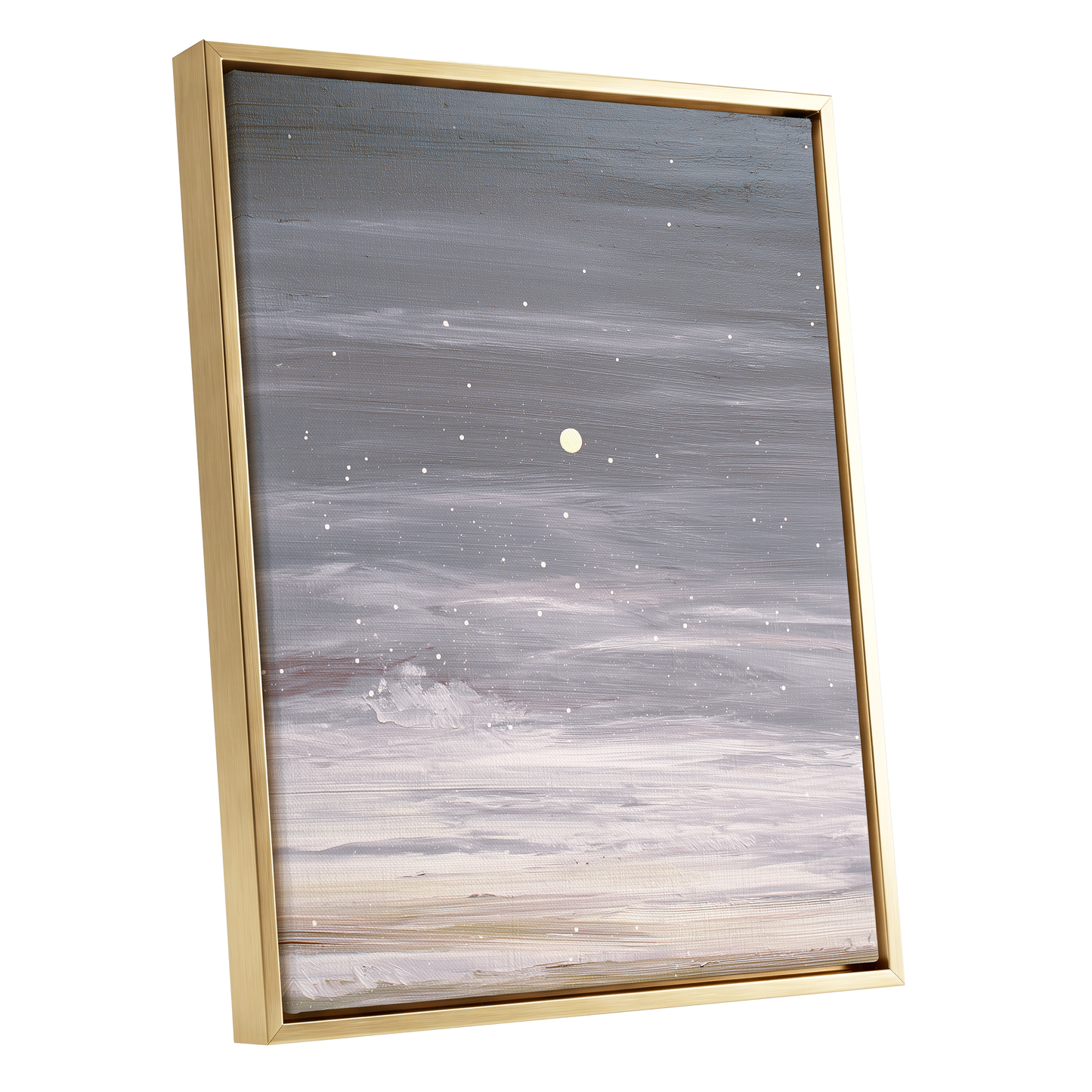Moonlit Snowfall, gray, white, beige nature wall art shown as a gold framed canvas wall art