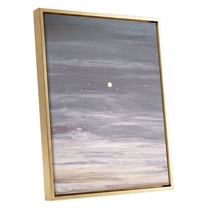 Moonlit Snowfall, gray, white, beige nature wall art shown as a gold framed canvas wall art