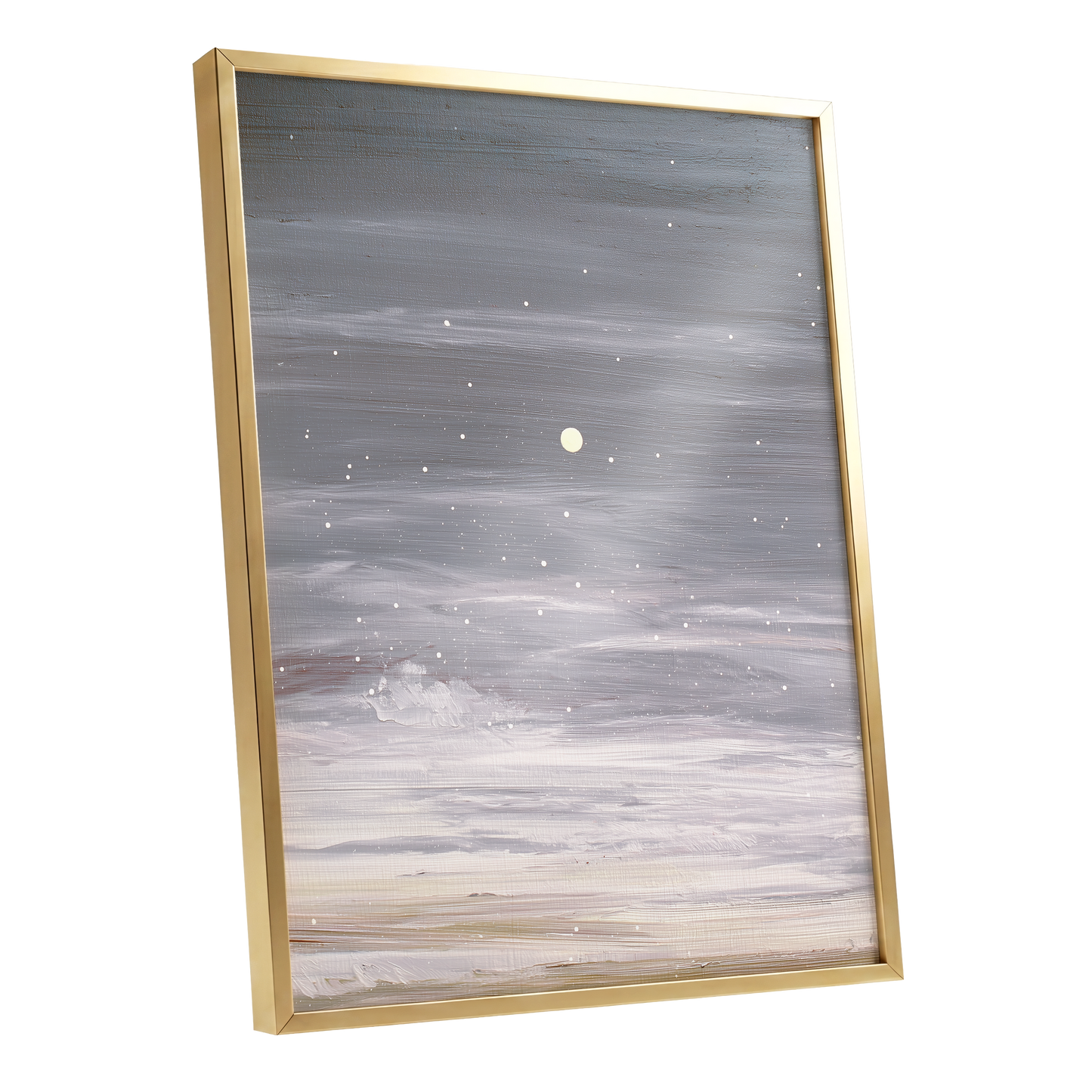 Moonlit Snowfall, gray, white, beige nature wall art shown as a gold framed poster wall art print