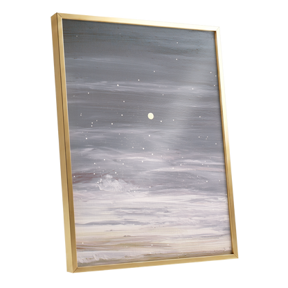 Moonlit Snowfall, gray, white, beige nature wall art shown as a gold framed poster wall art print